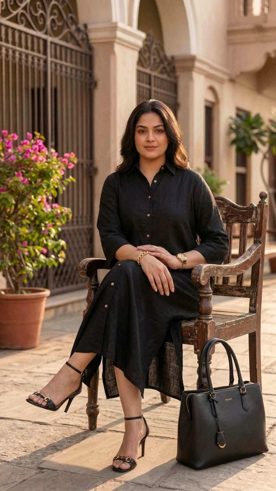 Plus Size Black Linen Cotton Shirt Dress – Front Button Midi Dress