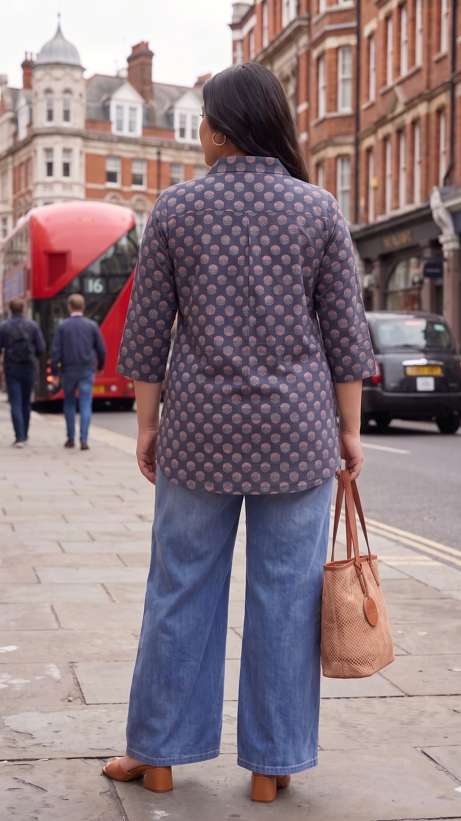 Plus Size Navy Blue Printed Cotton Shirt for Women | Collared Casual Button-Down Shirt