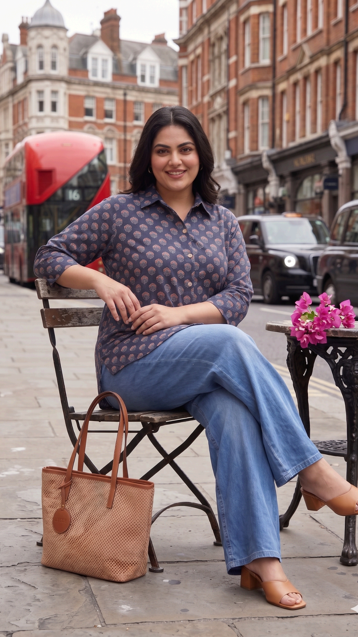 Plus Size Navy Blue Printed Cotton Shirt for Women | Collared Casual Button-Down Shirt