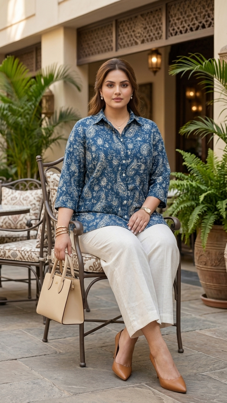Plus Size Blue Paisley Printed Cotton Shirt for Women | Collared Button-Down Shirt