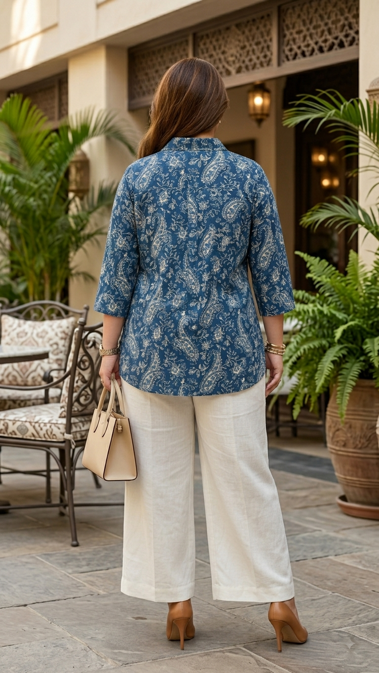 Plus Size Blue Paisley Printed Cotton Shirt for Women | Collared Button-Down Shirt