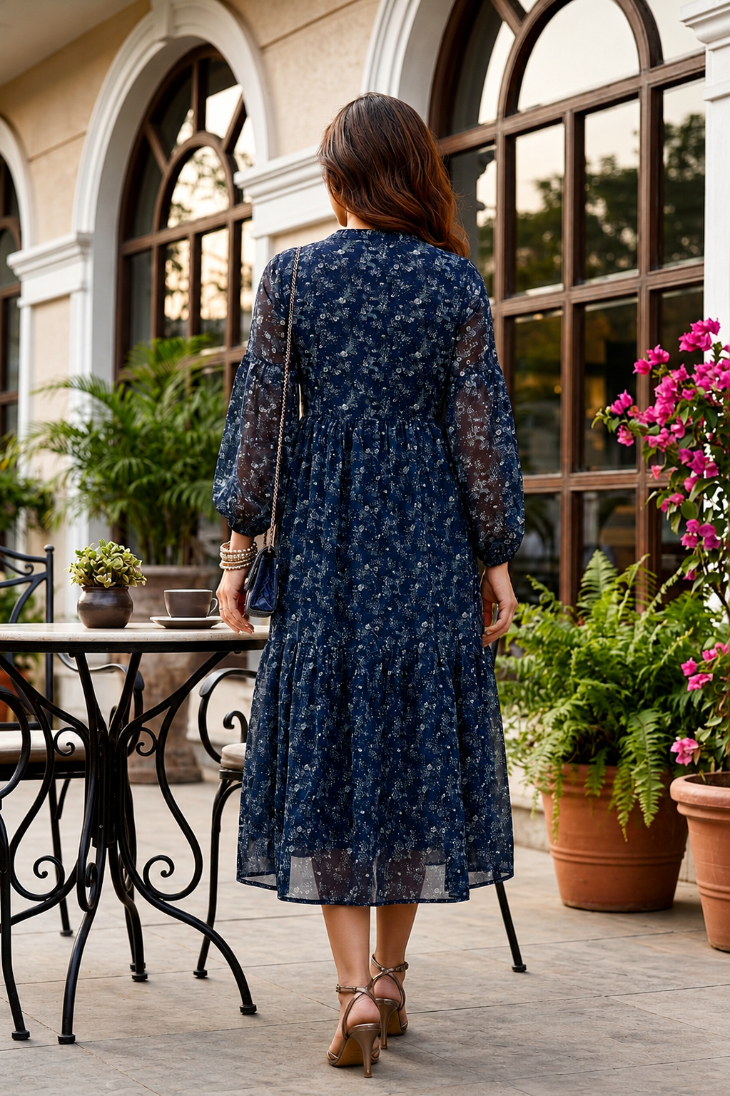 Regular Blue Floral Printed Viscose Georgette Midi Dress