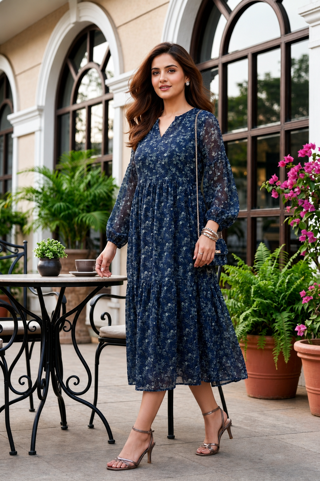 Regular Blue Floral Printed Viscose Georgette Midi Dress