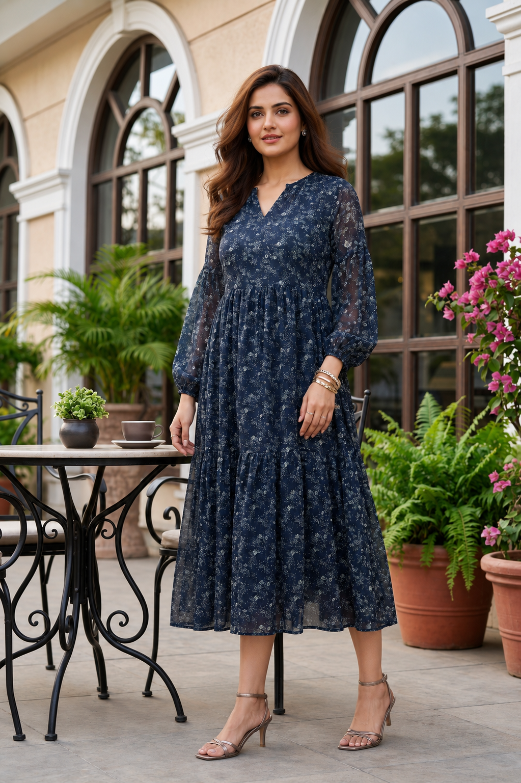 Regular Blue Floral Printed Viscose Georgette Midi Dress