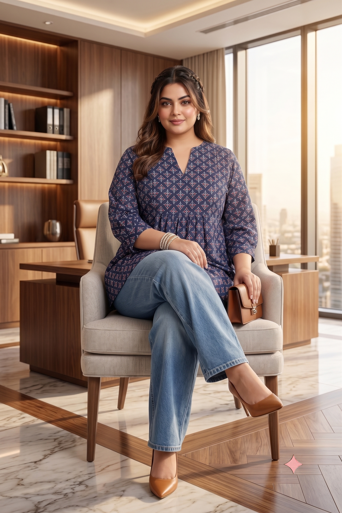 Plus Size Cotton Printed Top Tunic – Navy Blue Flared Fit