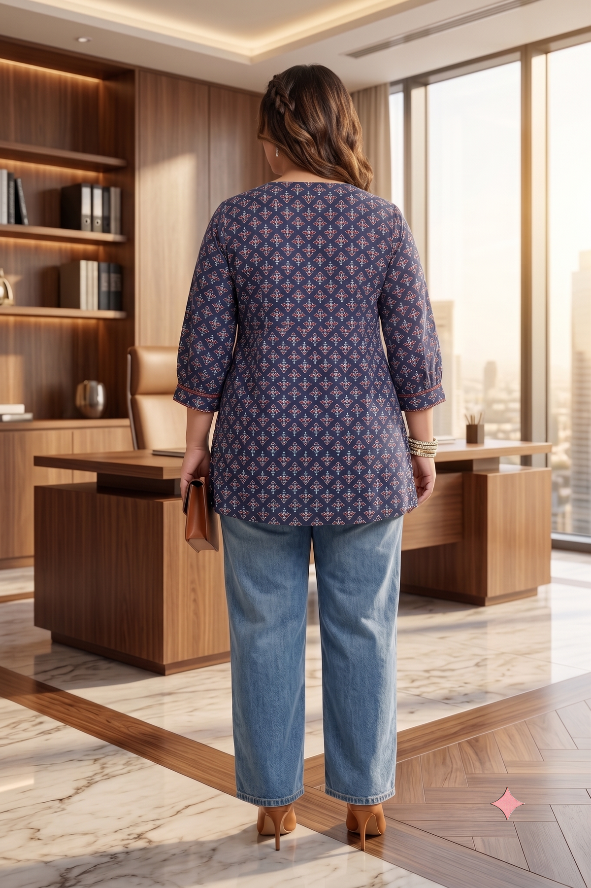 Plus Size Cotton Printed Top Tunic – Navy Blue Flared Fit
