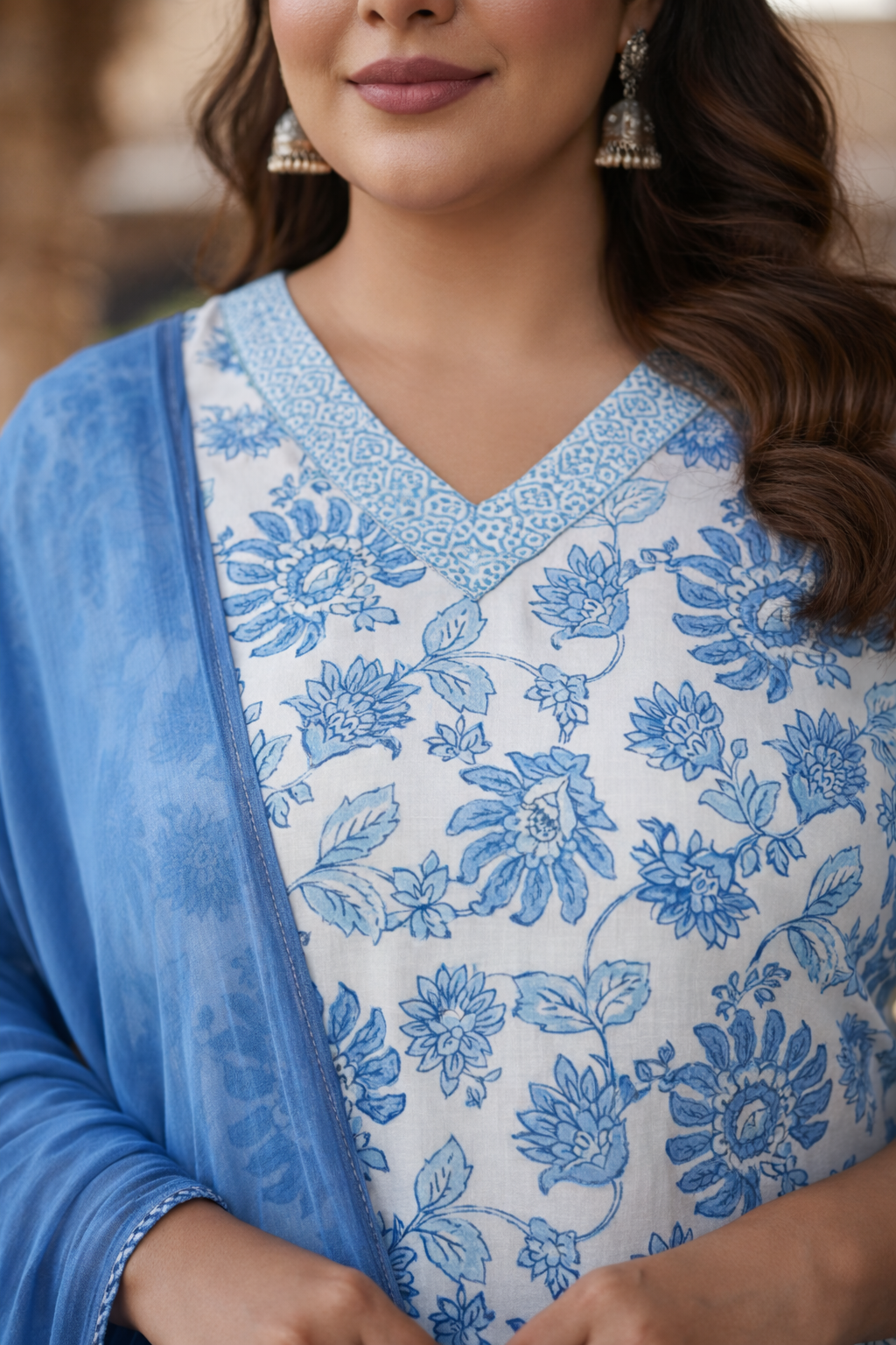 Blue Blossom White Floral Cotton Kurta Set - (Set of 3)