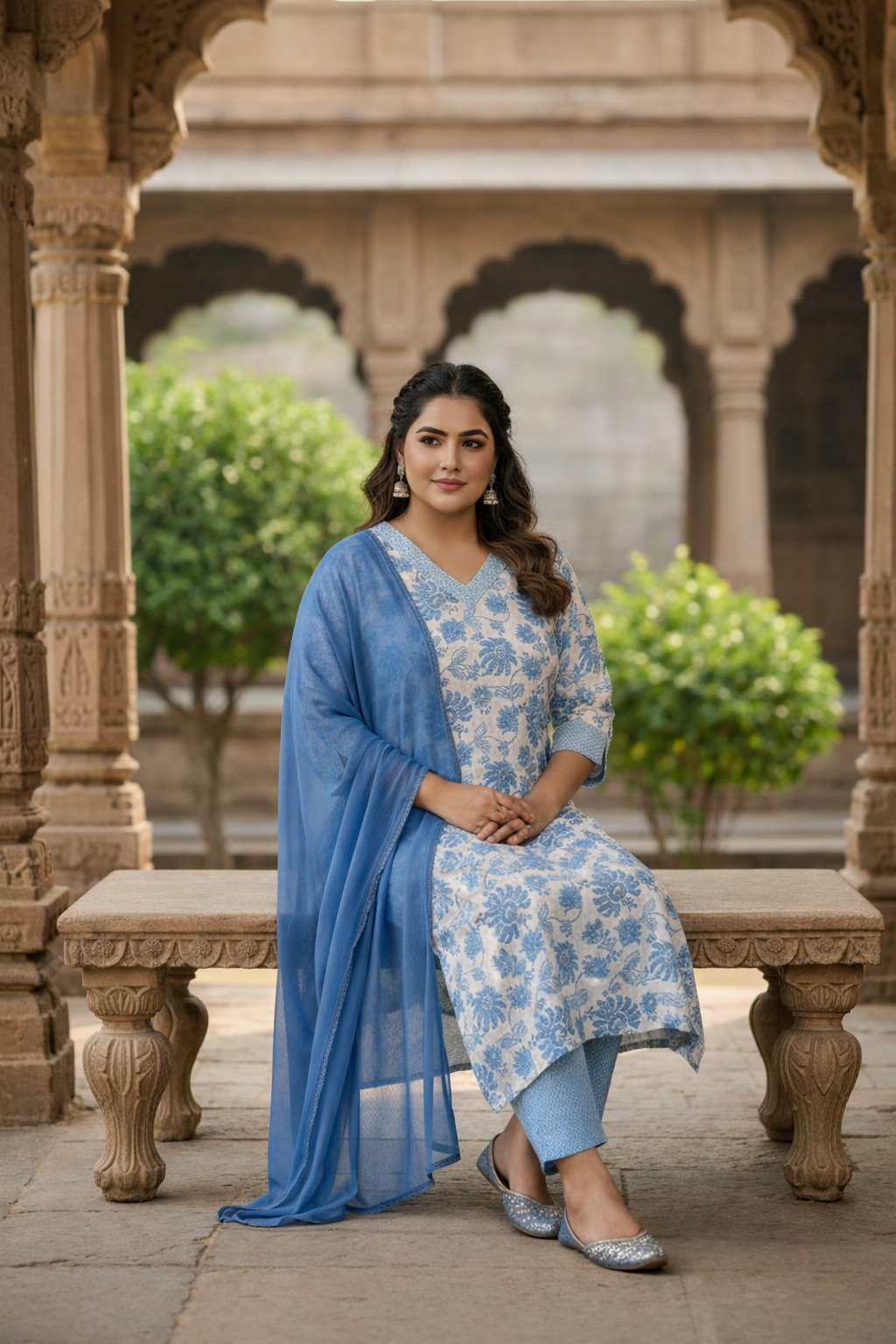 Blue Blossom White Floral Cotton Kurta Set - (Set of 3)