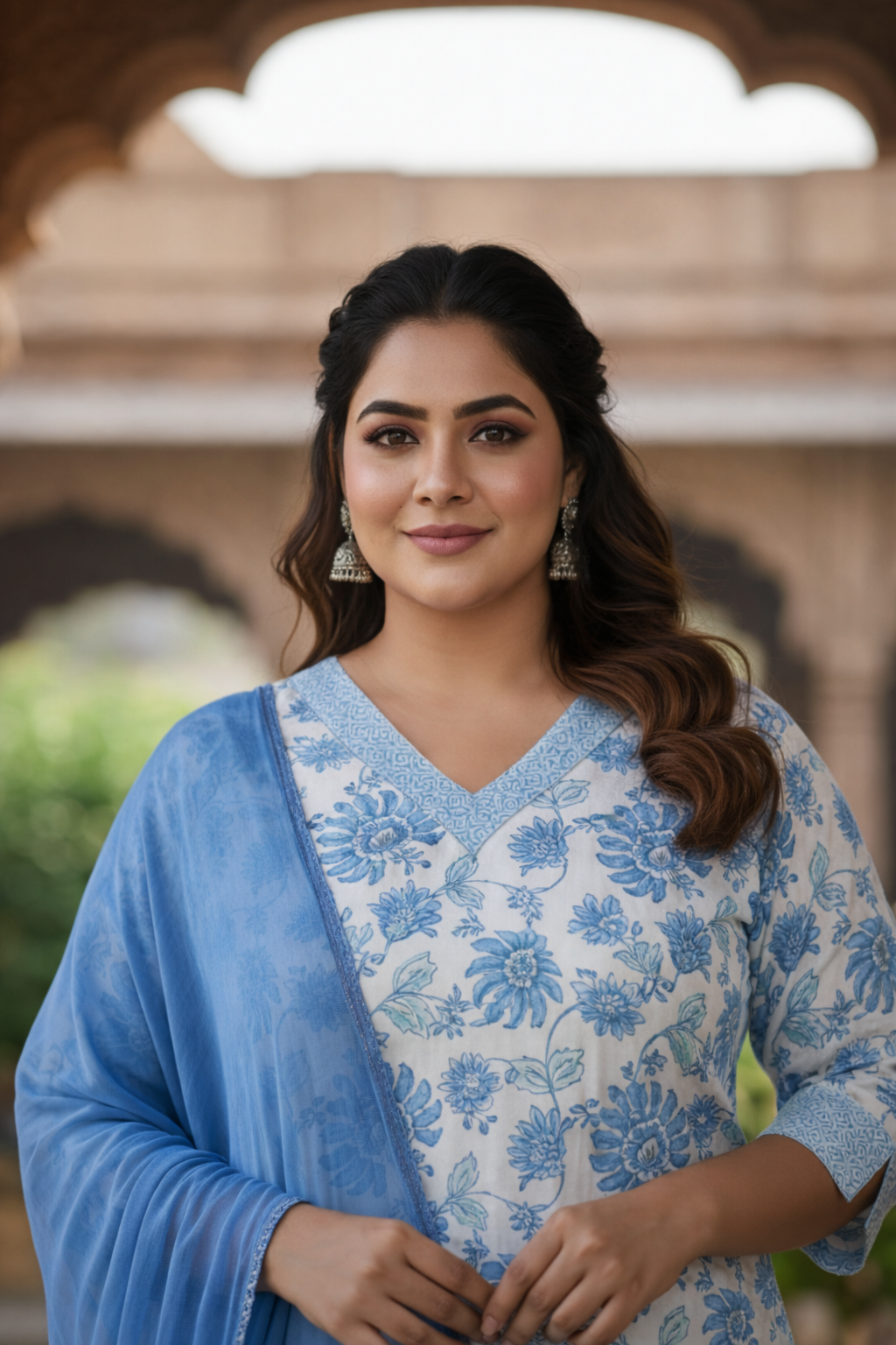 Blue Blossom White Cotton Kurta Set - (Set of 3)