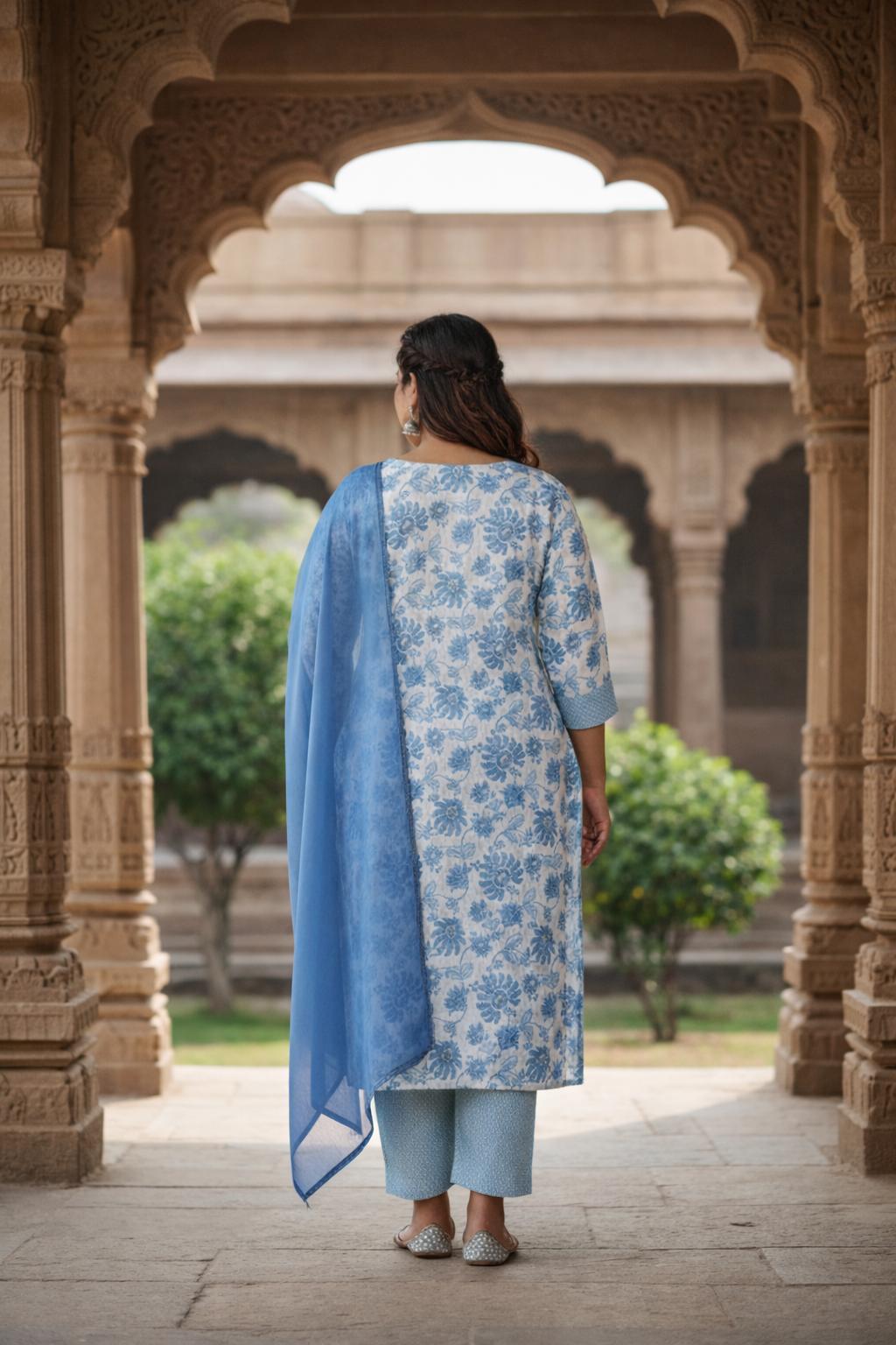 Blue Blossom White Floral Cotton Kurta Set - (Set of 3)