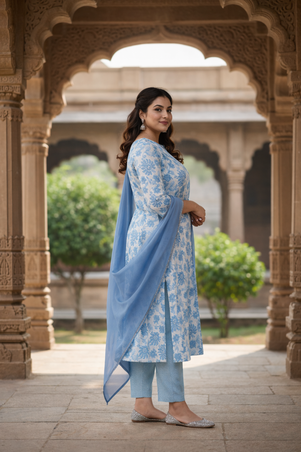 Blue Blossom White Floral Cotton Kurta Set - (Set of 3)
