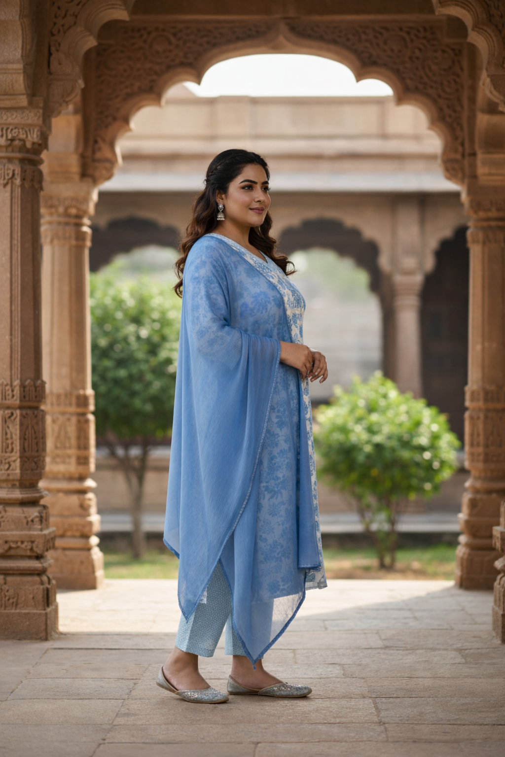 Blue Blossom White Floral Cotton Kurta Set - (Set of 3)