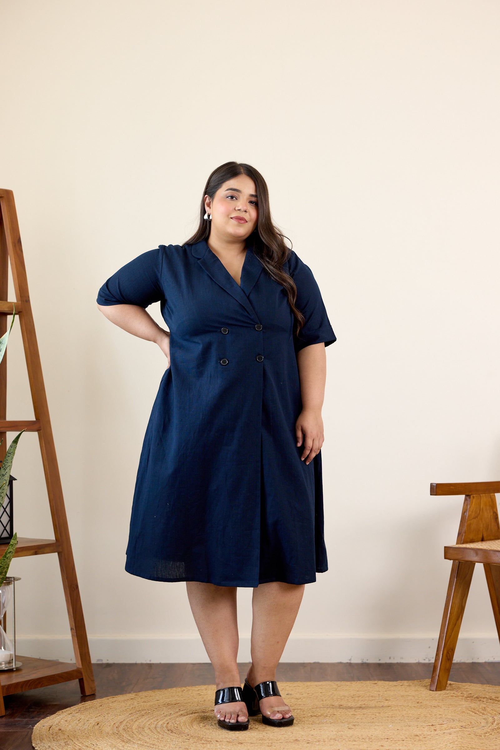 Midnight Blue Button-Down Lapel Linen Jacket Dress