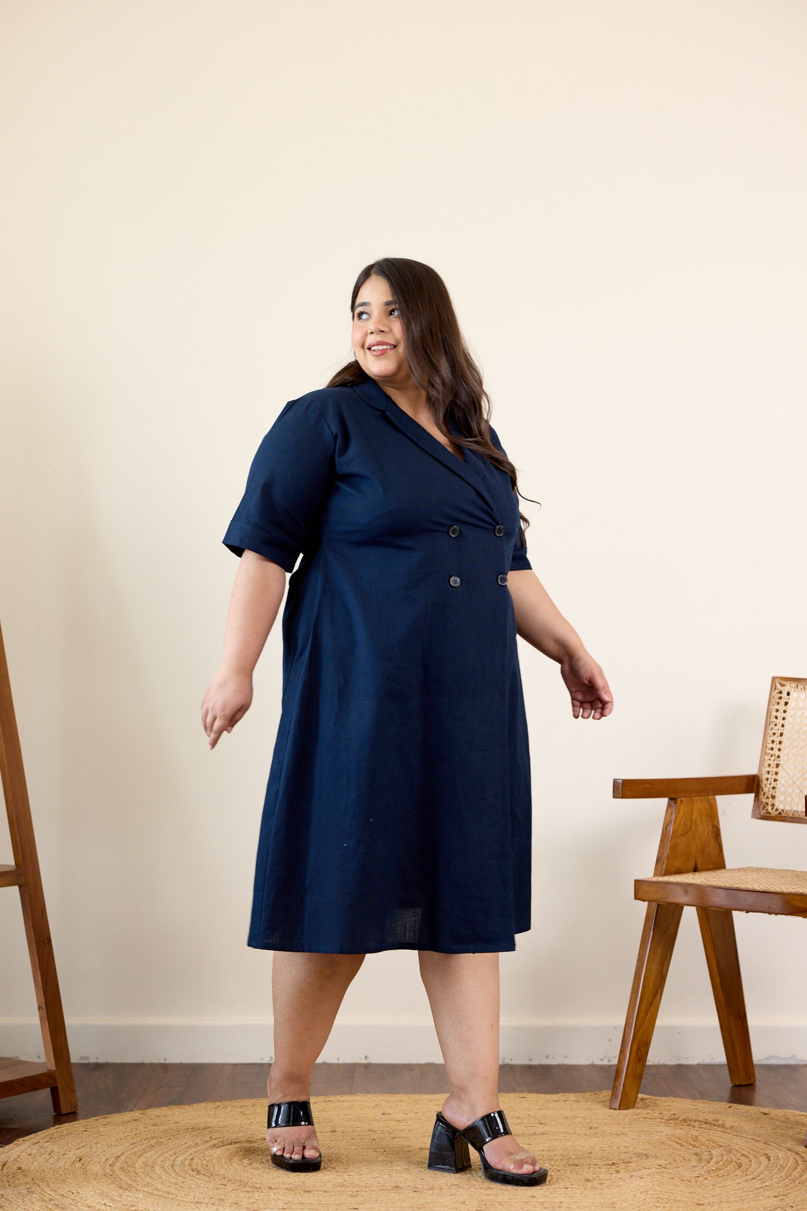 Midnight Blue Button-Down Lapel Linen Jacket Dress