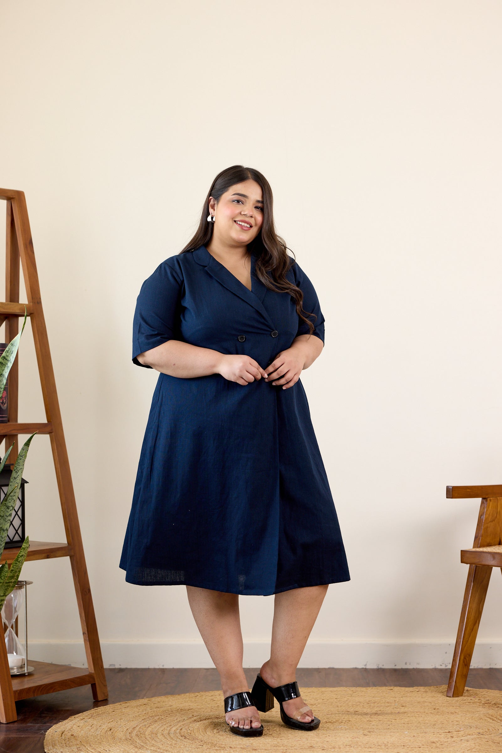 Midnight Blue Button-Down Lapel Linen Jacket Dress
