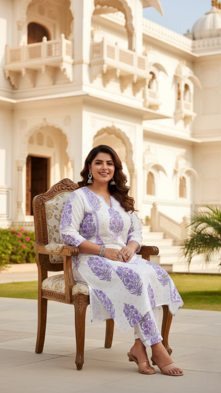 Purple Jaipuri Block Print Floral Cotton Kurta Set