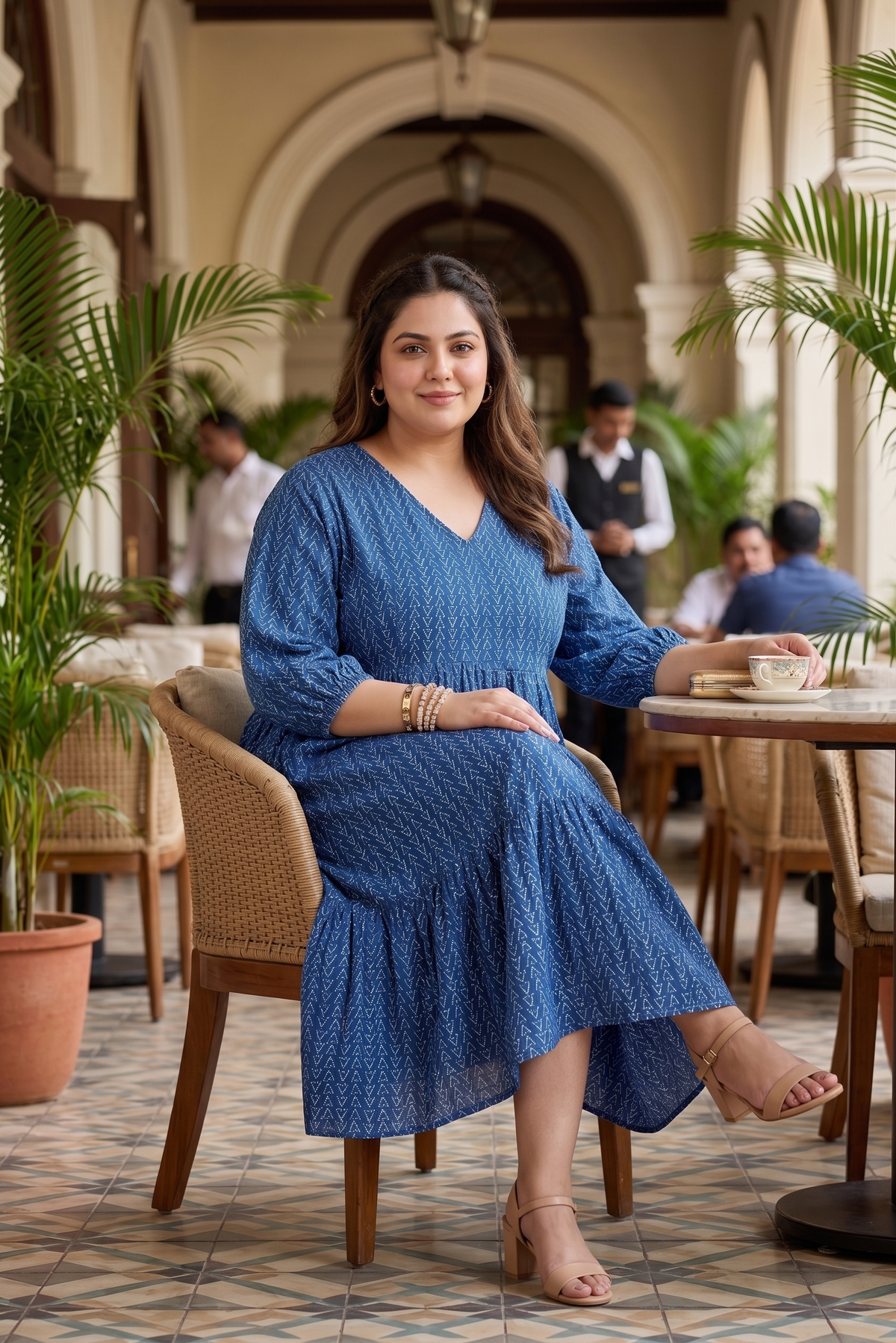Blue Geometric Print Cotton Tiered Midi Dress