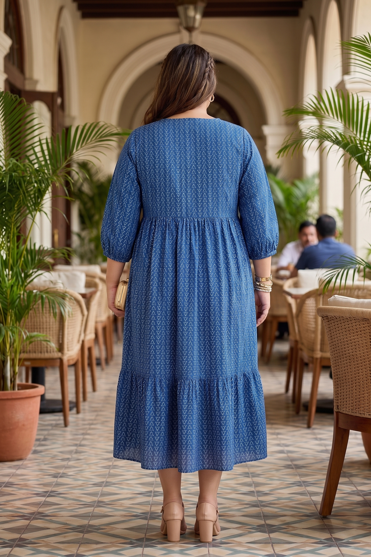 Blue Geometric Print Cotton Tiered Midi Dress