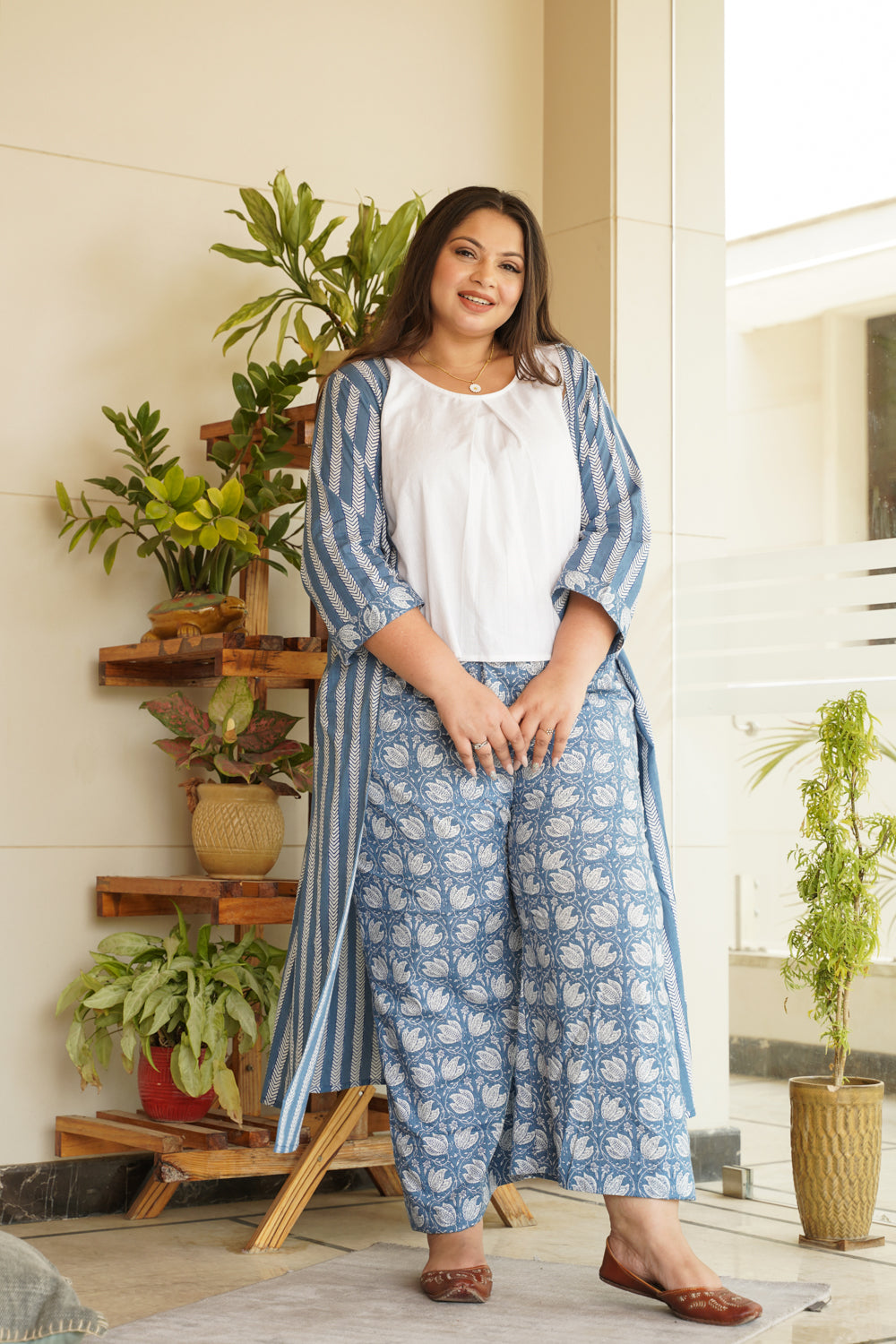 Blue Cotton Shrug Palazzo Set - Set of 3
