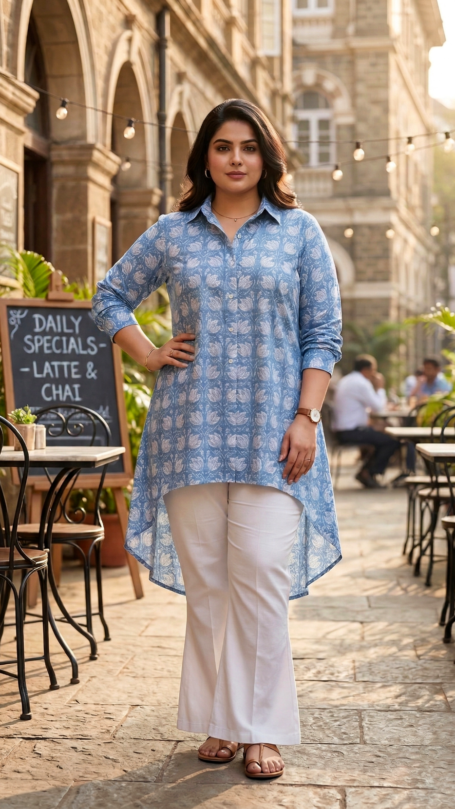 Plus Size Blue Cotton High-Low Shirt – Printed Button Down Tunic