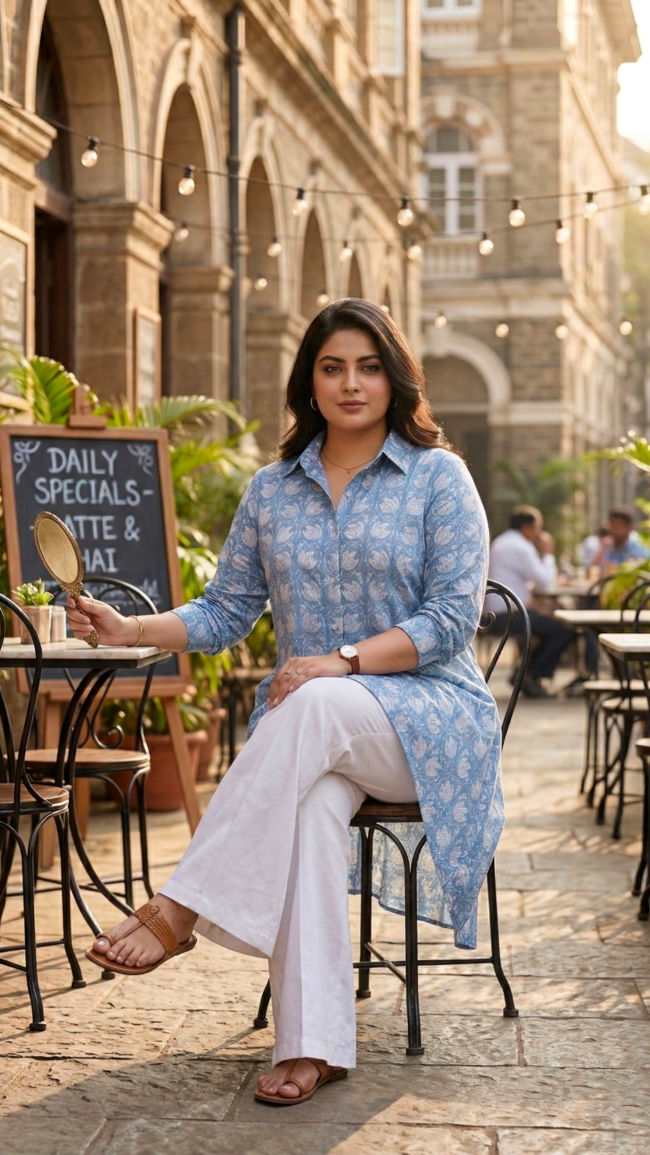 Plus Size Blue Cotton High-Low Shirt – Printed Button Down Tunic
