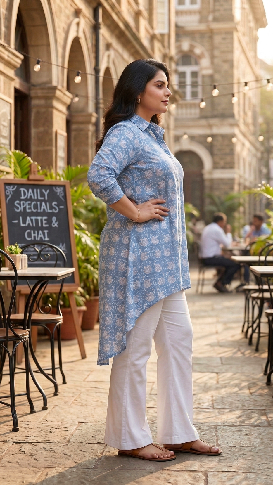 Plus Size Blue Cotton High-Low Shirt – Printed Button Down Tunic