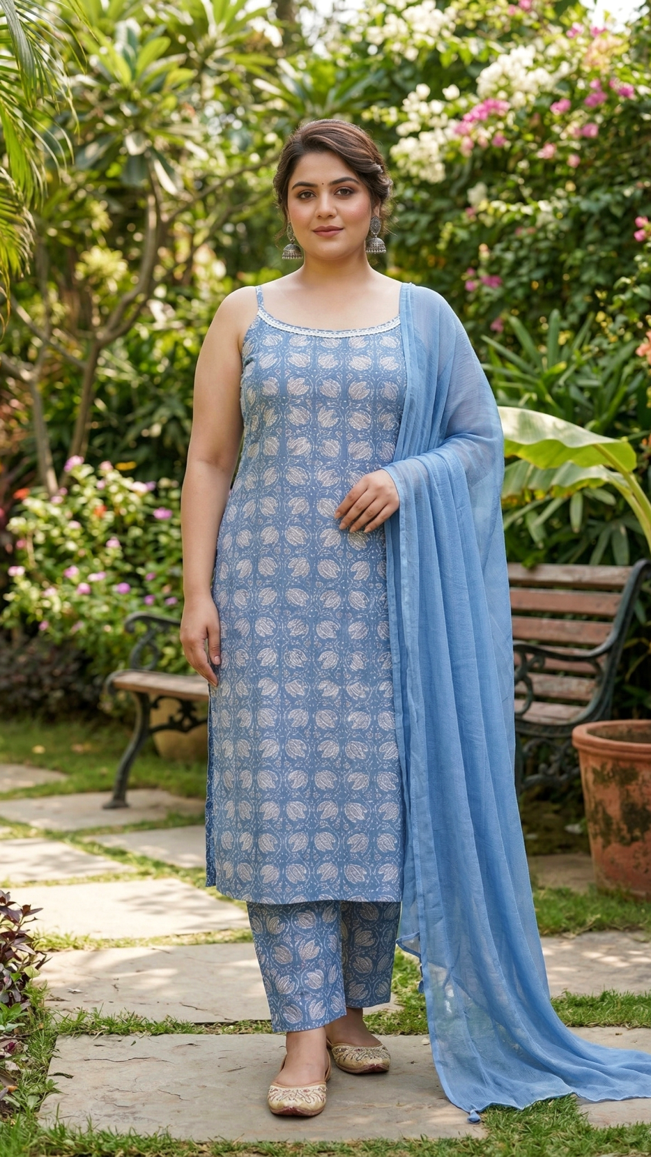 Plus Size Blue Cotton Floral Strap Kurta Set – Sleeveless Kurta with Pants & Dupatta