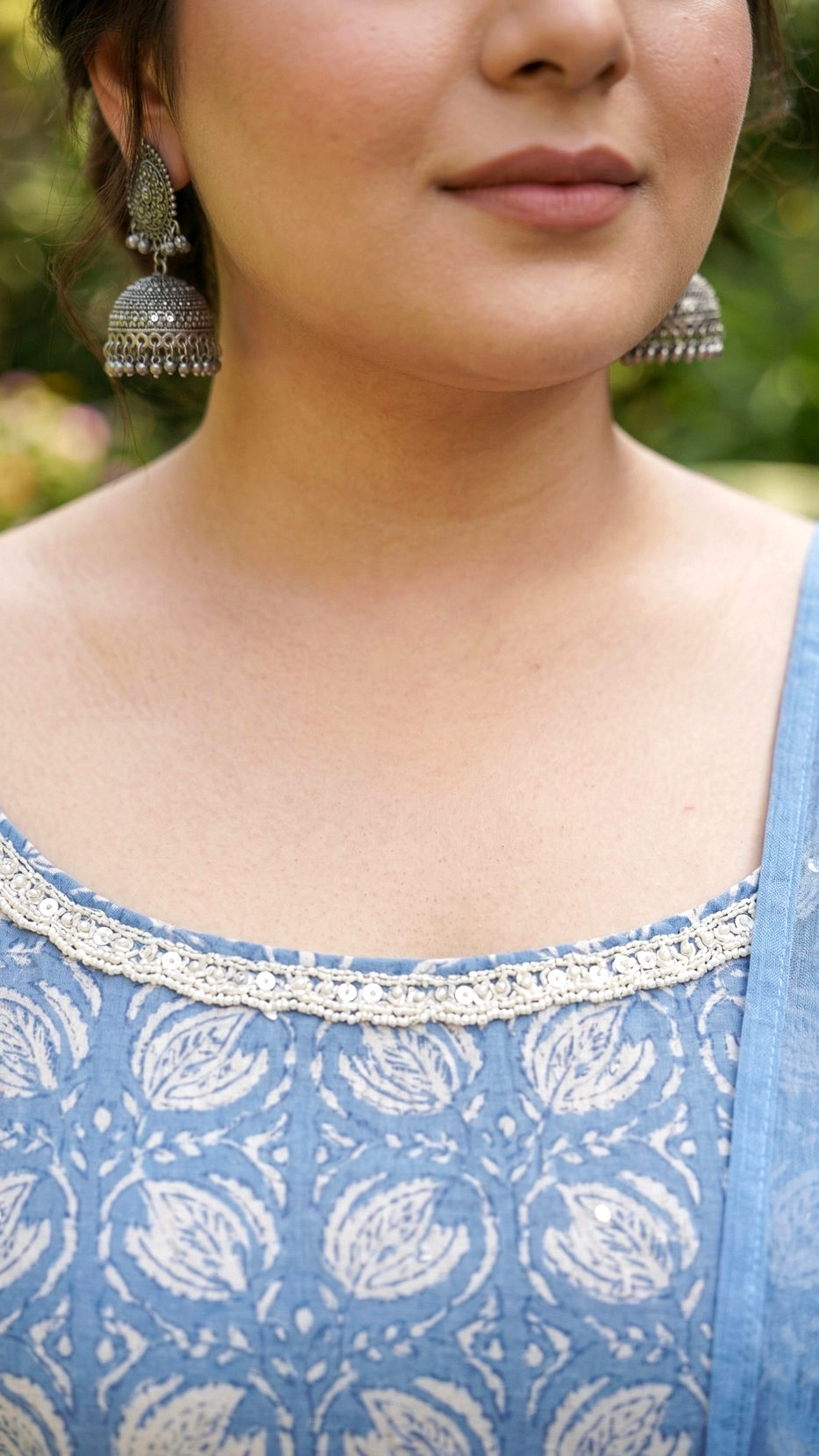 Plus Size Blue Cotton Floral Strap Kurta Set – Sleeveless Kurta with Pants & Dupatta