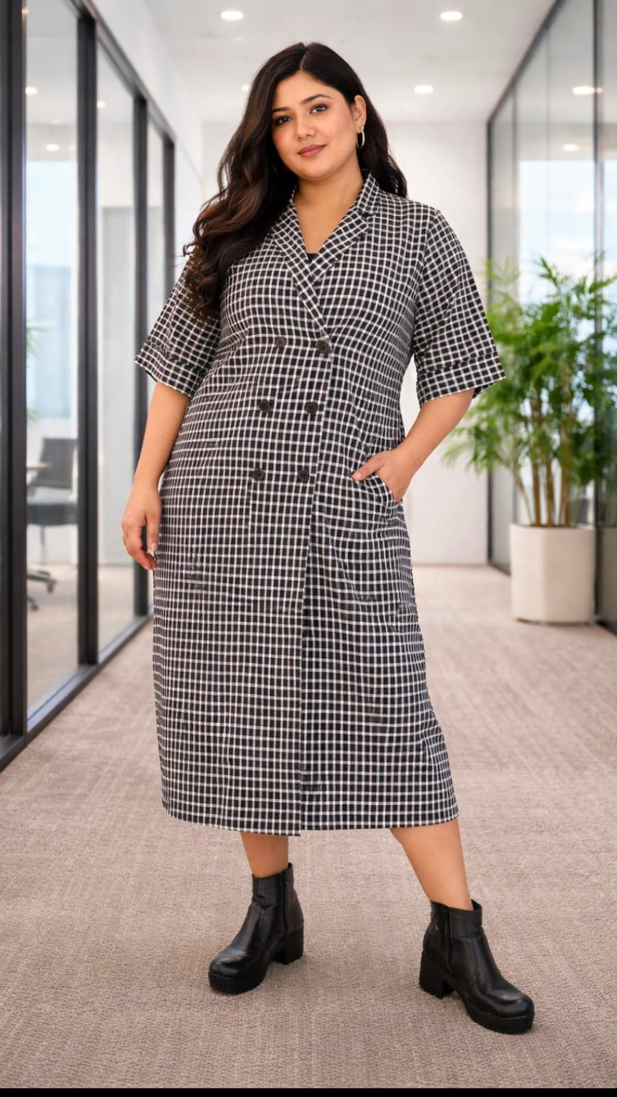 Black & White Gingham Midi Shirt Dress
