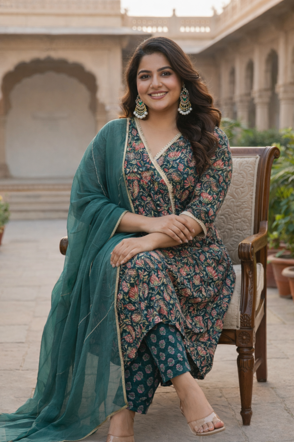 Bottle Green Cotton Printed Angrakha Set (Set of 3)