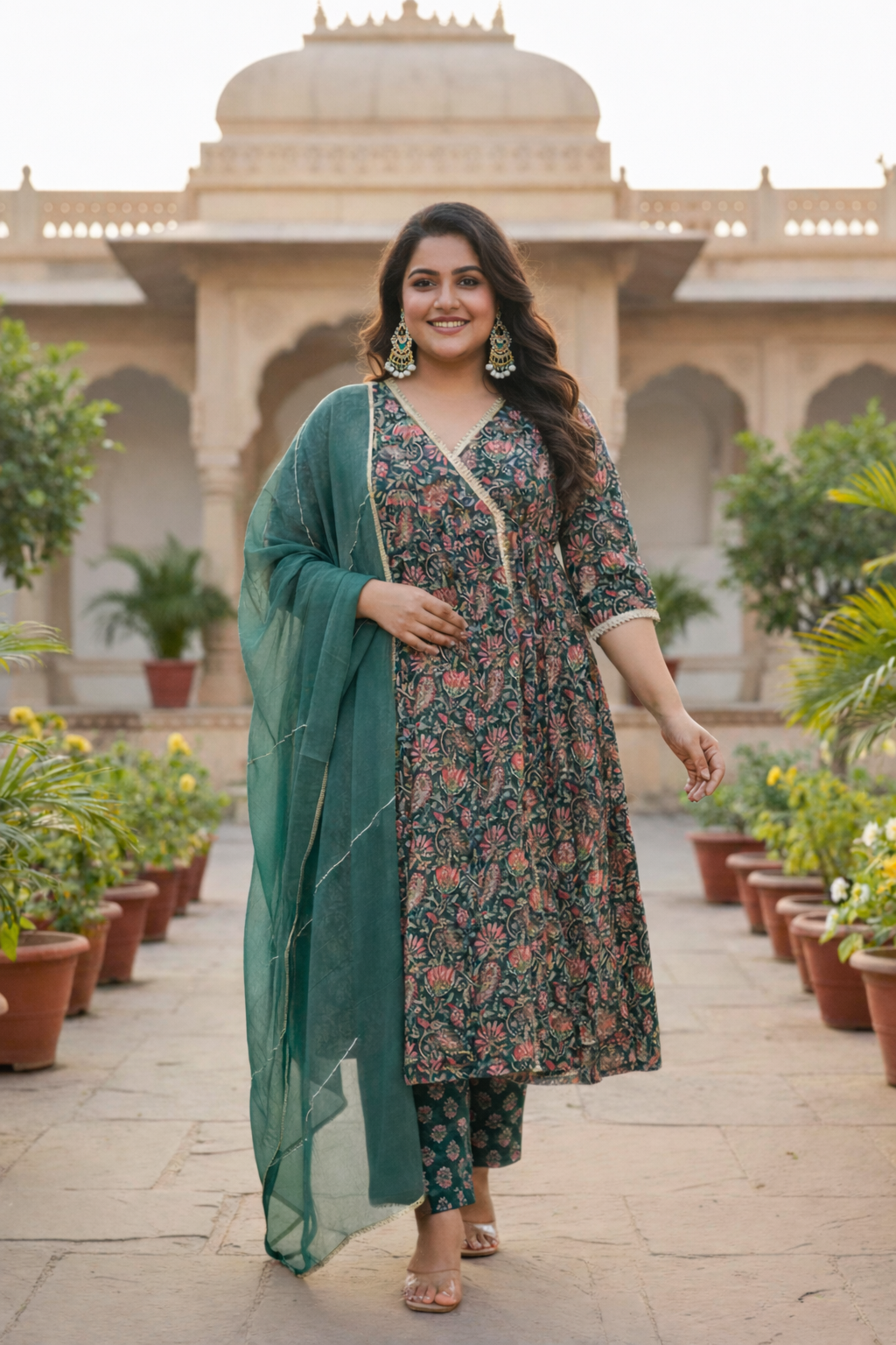 Bottle Green Cotton Printed Angrakha Set (Set of 3)