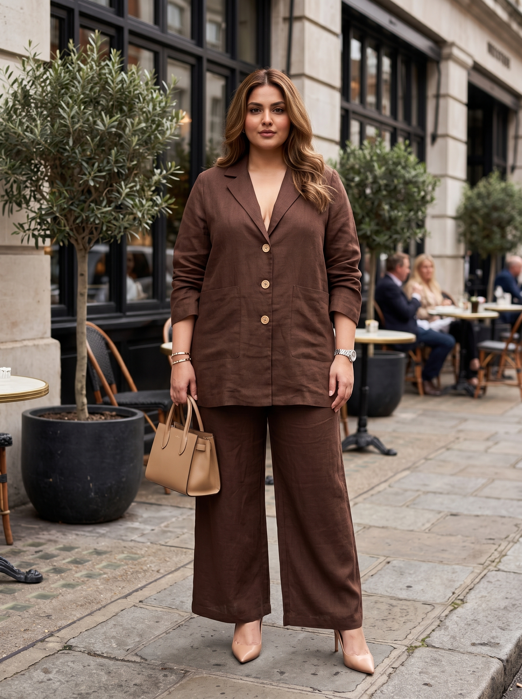 Plus Size Brown Cotton Slub Co-ord Set for Women