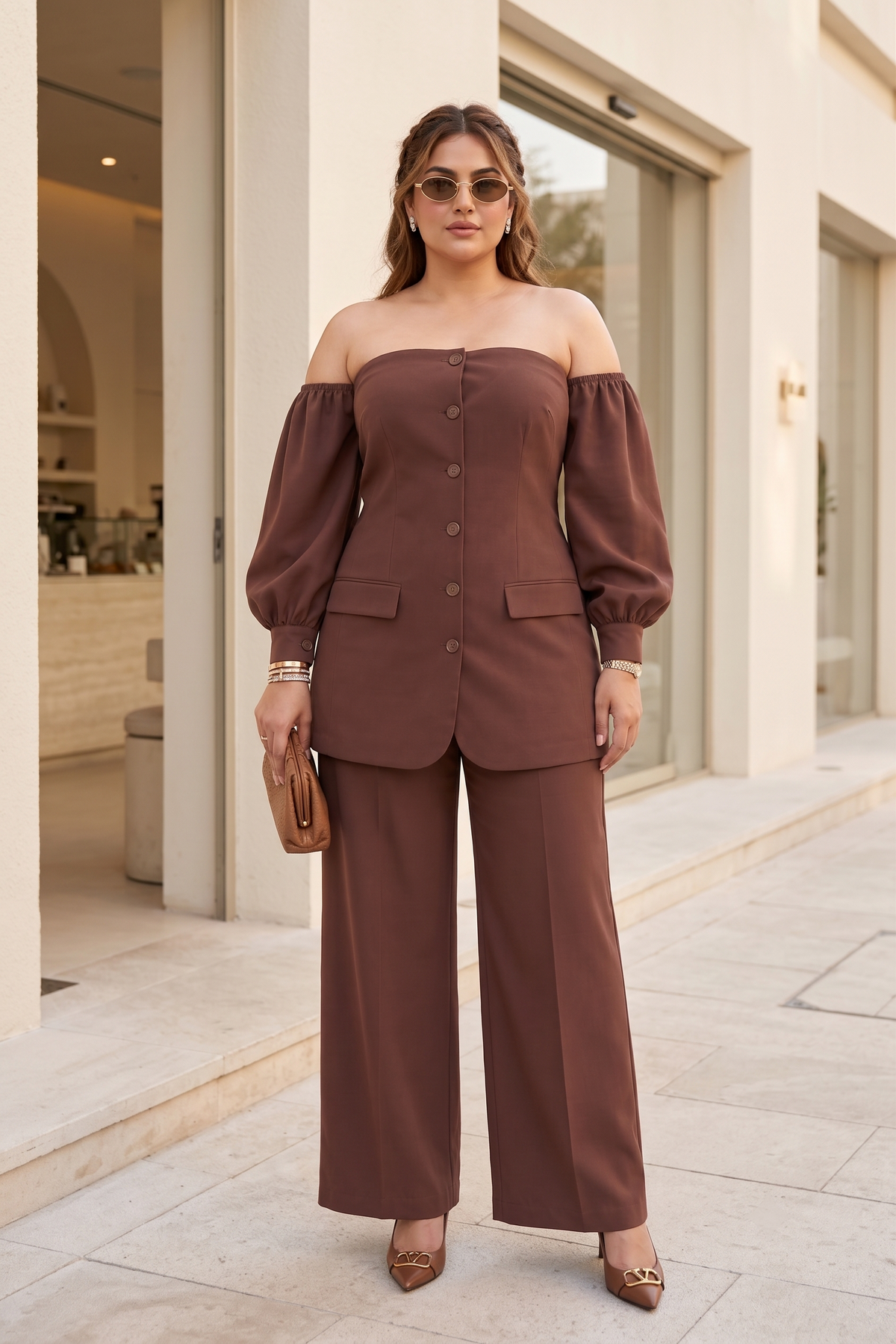 Plus Size Linen Co-ord Set – Brown Off-Shoulder Top & Wide-Leg Pants