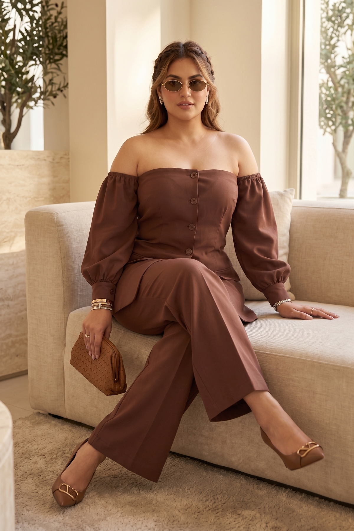 Plus Size Linen Co-ord Set – Brown Off-Shoulder Top & Wide-Leg Pants
