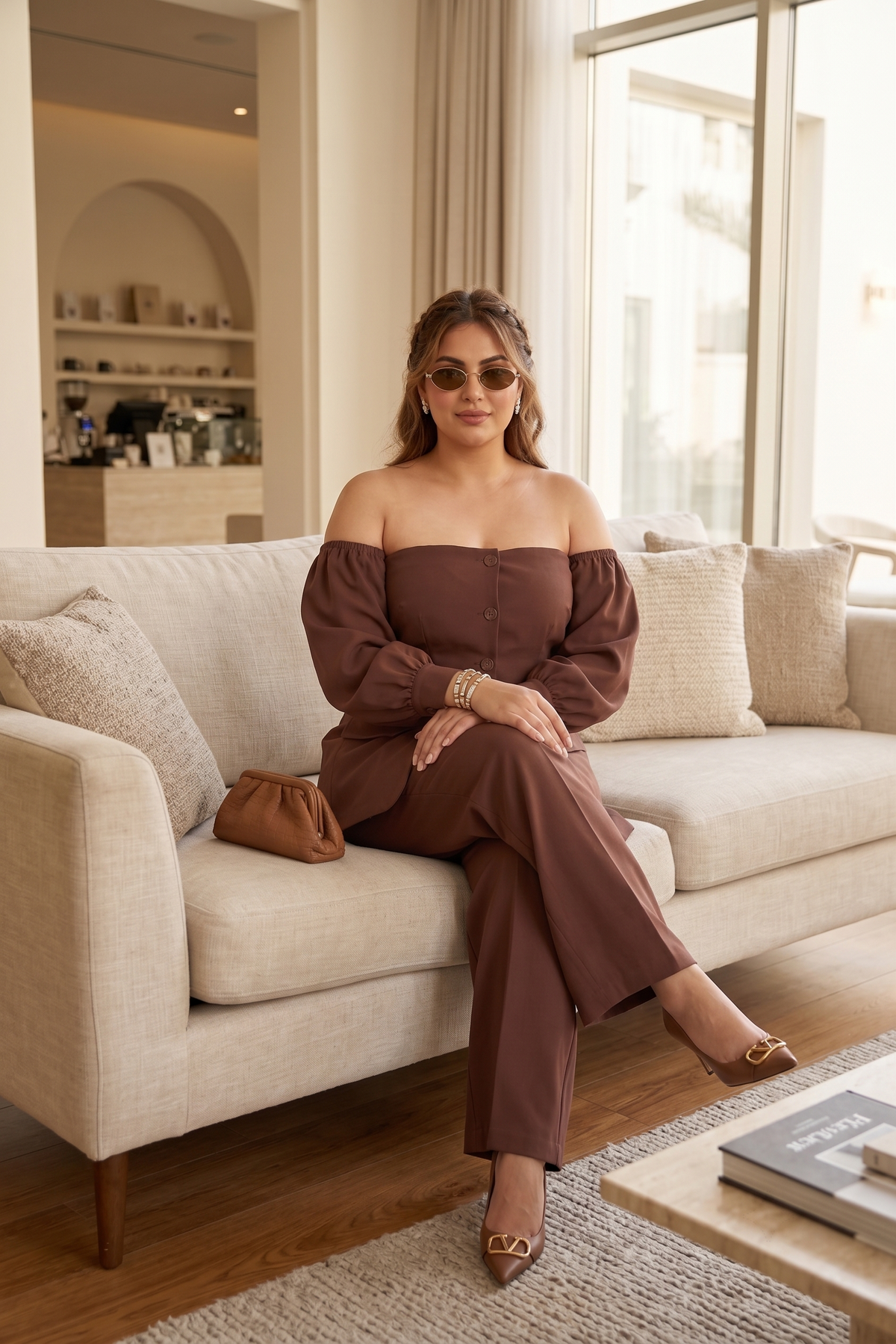 Plus Size Linen Co-ord Set – Brown Off-Shoulder Top & Wide-Leg Pants