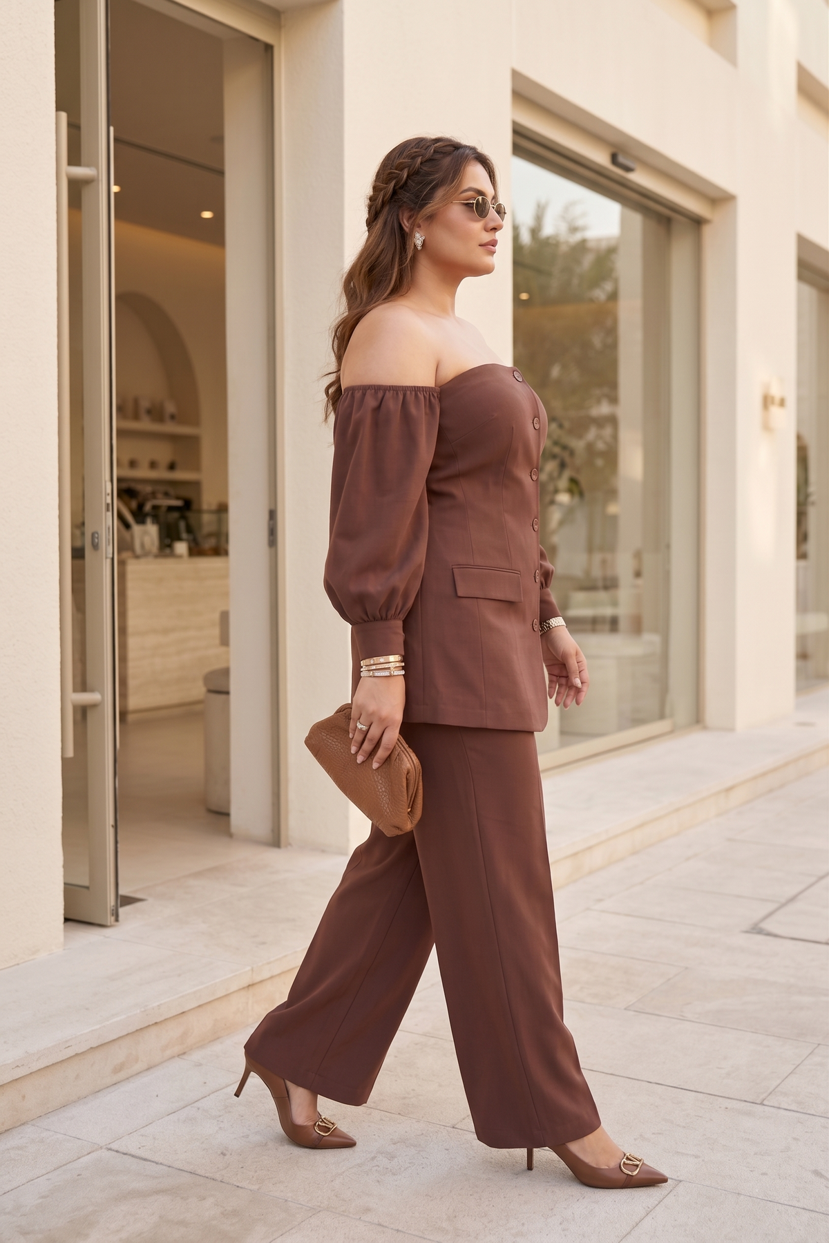 Plus Size Linen Co-ord Set – Brown Off-Shoulder Top & Wide-Leg Pants