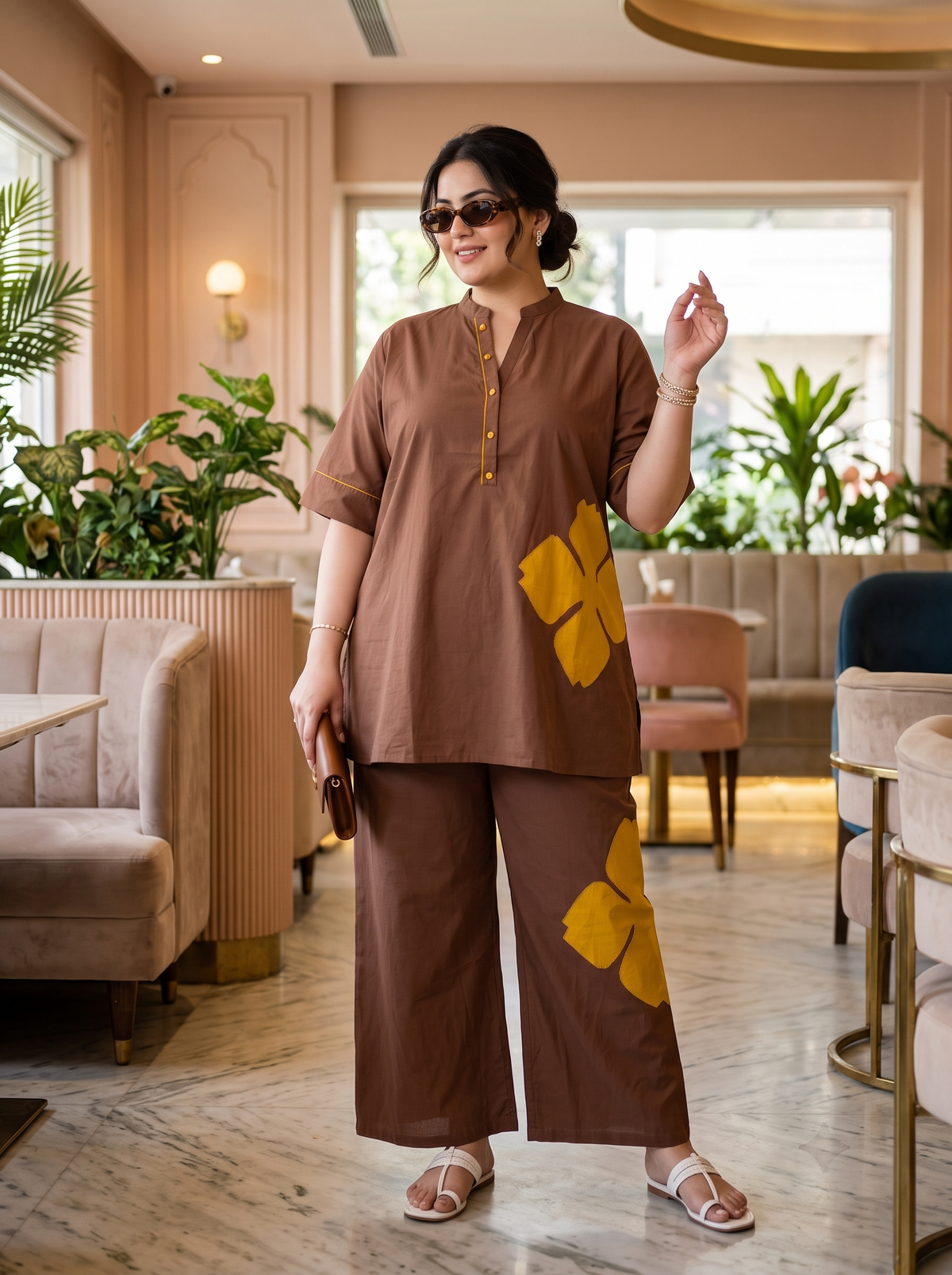 Plus Size Brown 100% Cotton Co-Ord Set with Mustard Fabric Applique
