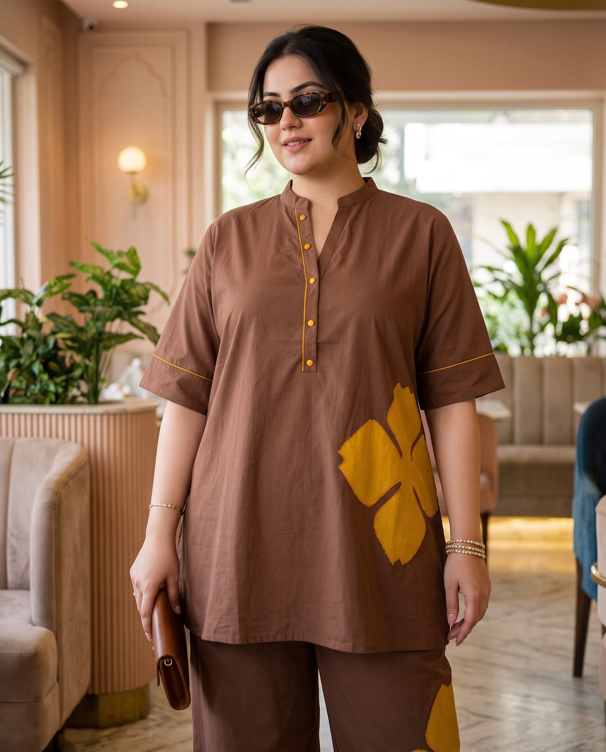 Plus Size Brown 100% Cotton Co-Ord Set with Mustard Fabric Applique