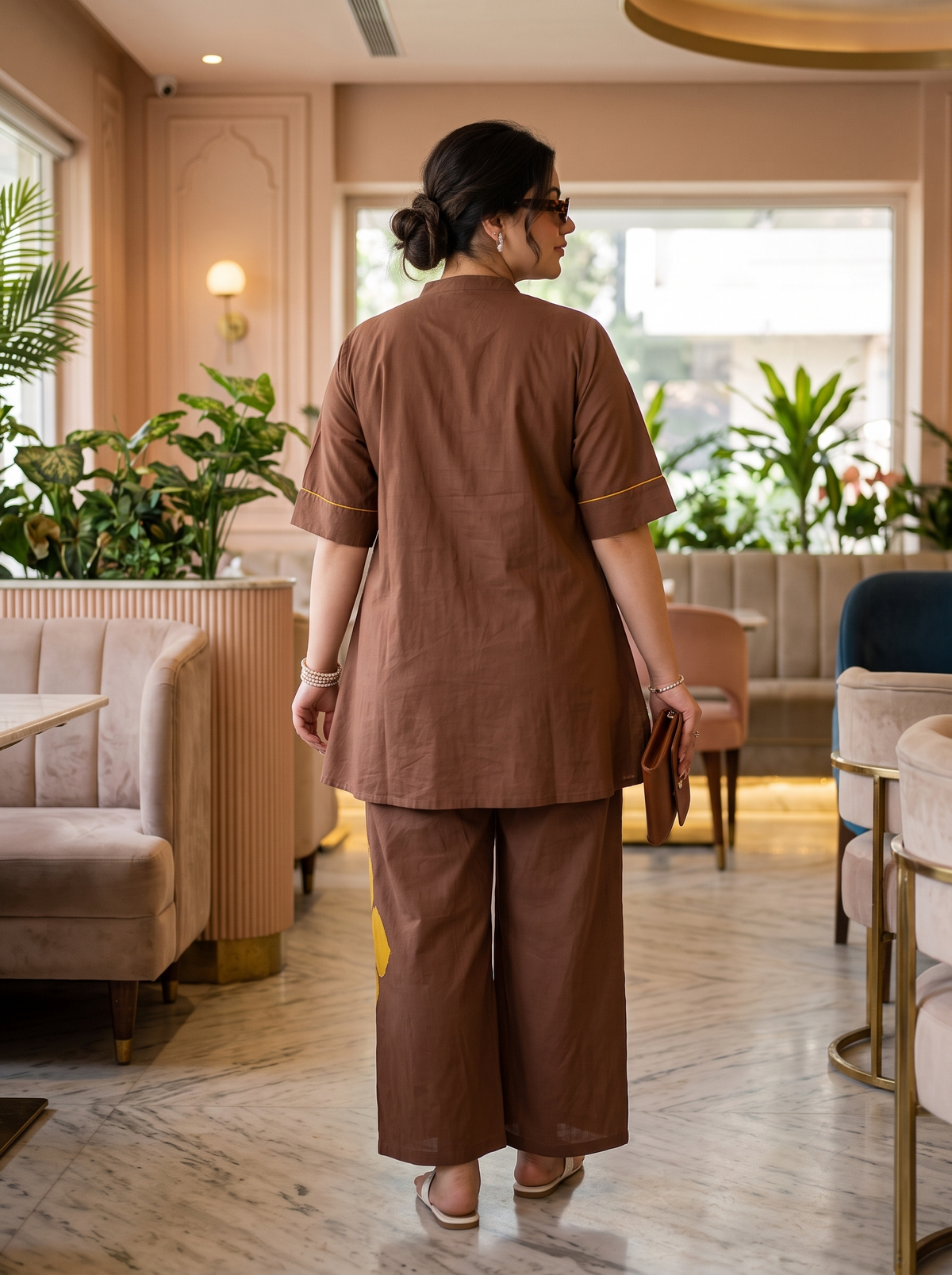 Plus Size Brown 100% Cotton Co-Ord Set with Mustard Fabric Applique