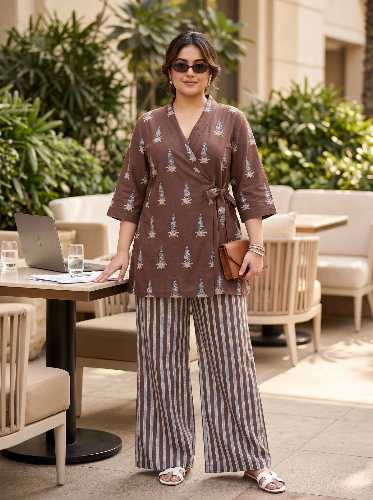 Plus Size Wrap-Style Brown Printed Top Co-Ord Set with Striped Wide-Leg Pants