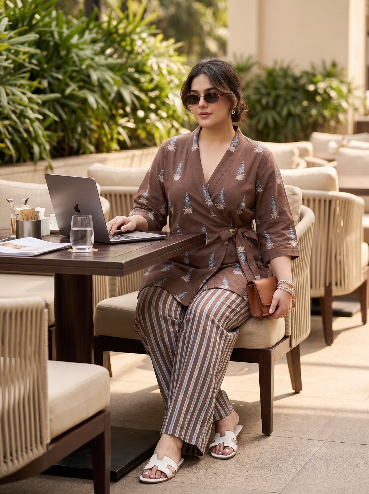 Plus Size Wrap-Style Brown Printed Top Co-Ord Set with Striped Wide-Leg Pants