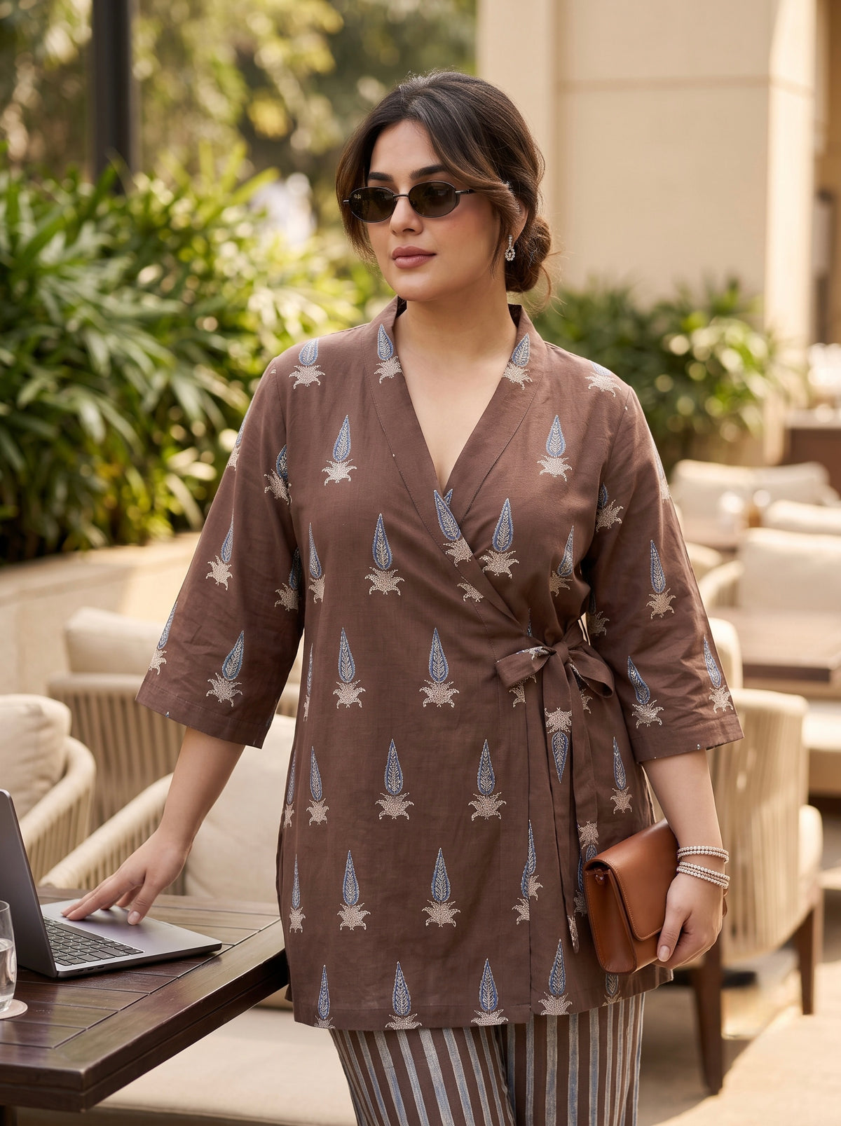 Plus Size Wrap-Style Brown Printed Top Co-Ord Set with Striped Wide-Leg Pants