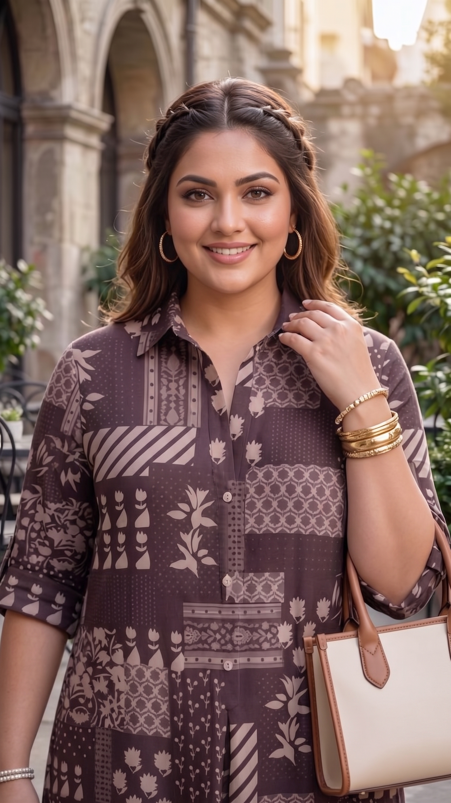 Plus Size Brown Printed Cotton Midi Dress for Women | Collared Button-Down A-Line Dress