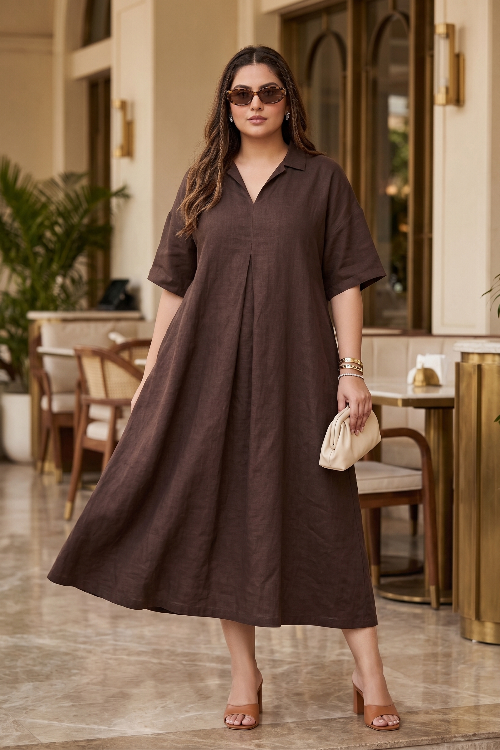 Plus Size Brown Cotton Dress – Relaxed Collar Neck Midi Dress