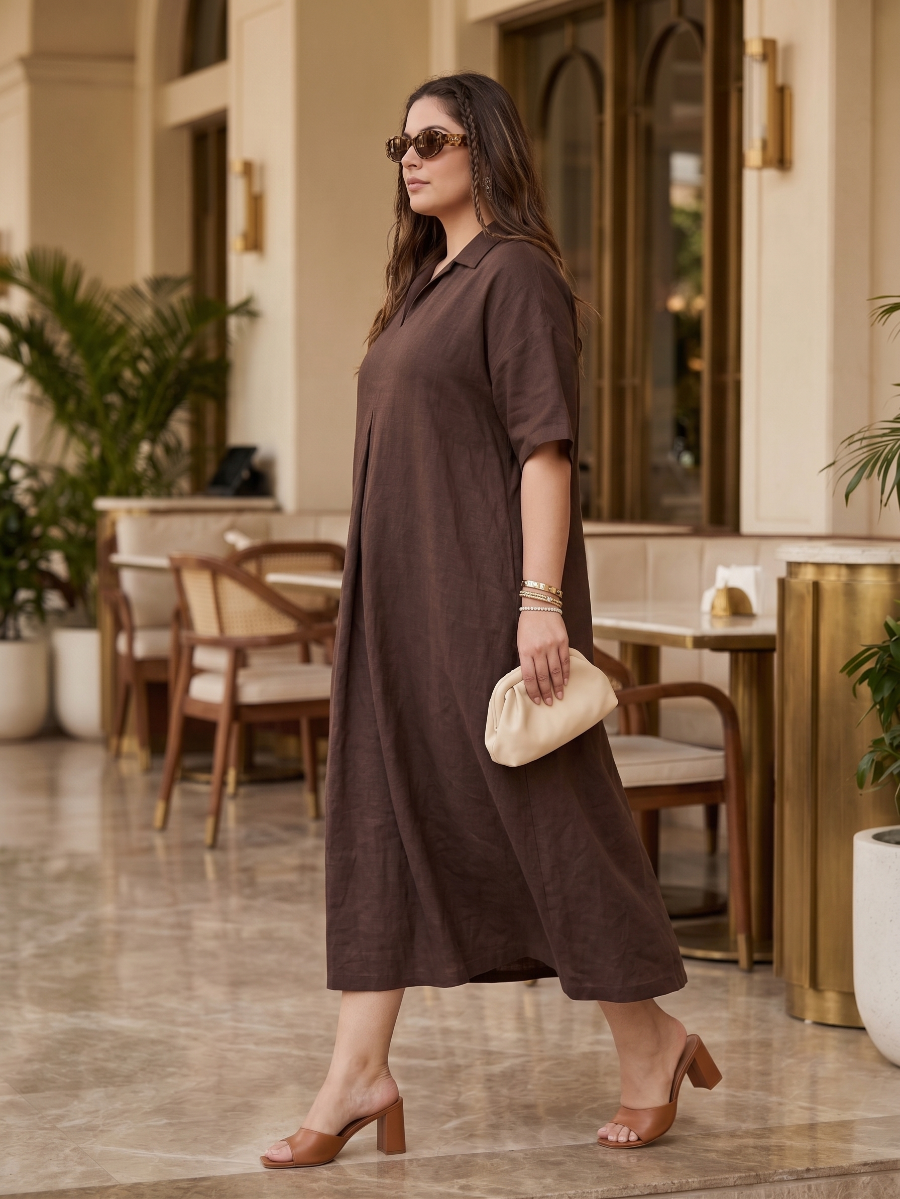 Plus Size Brown Cotton Dress – Relaxed Collar Neck Midi Dress