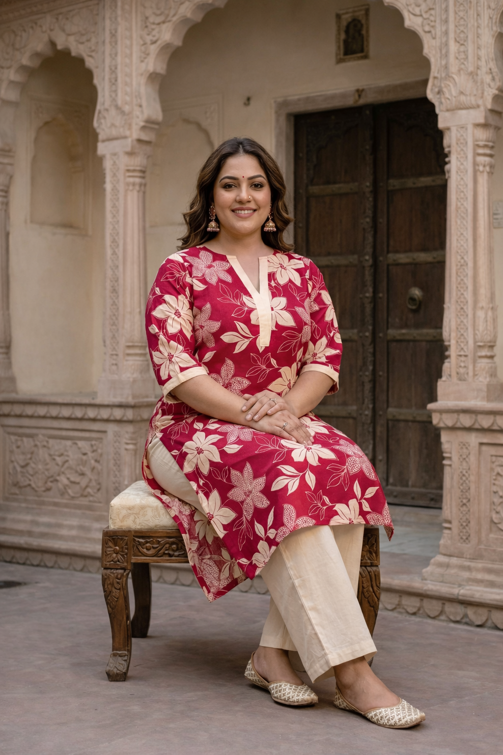 Bright Pink Foliage Print Floral Cotton Kurta Set(Set of 2)