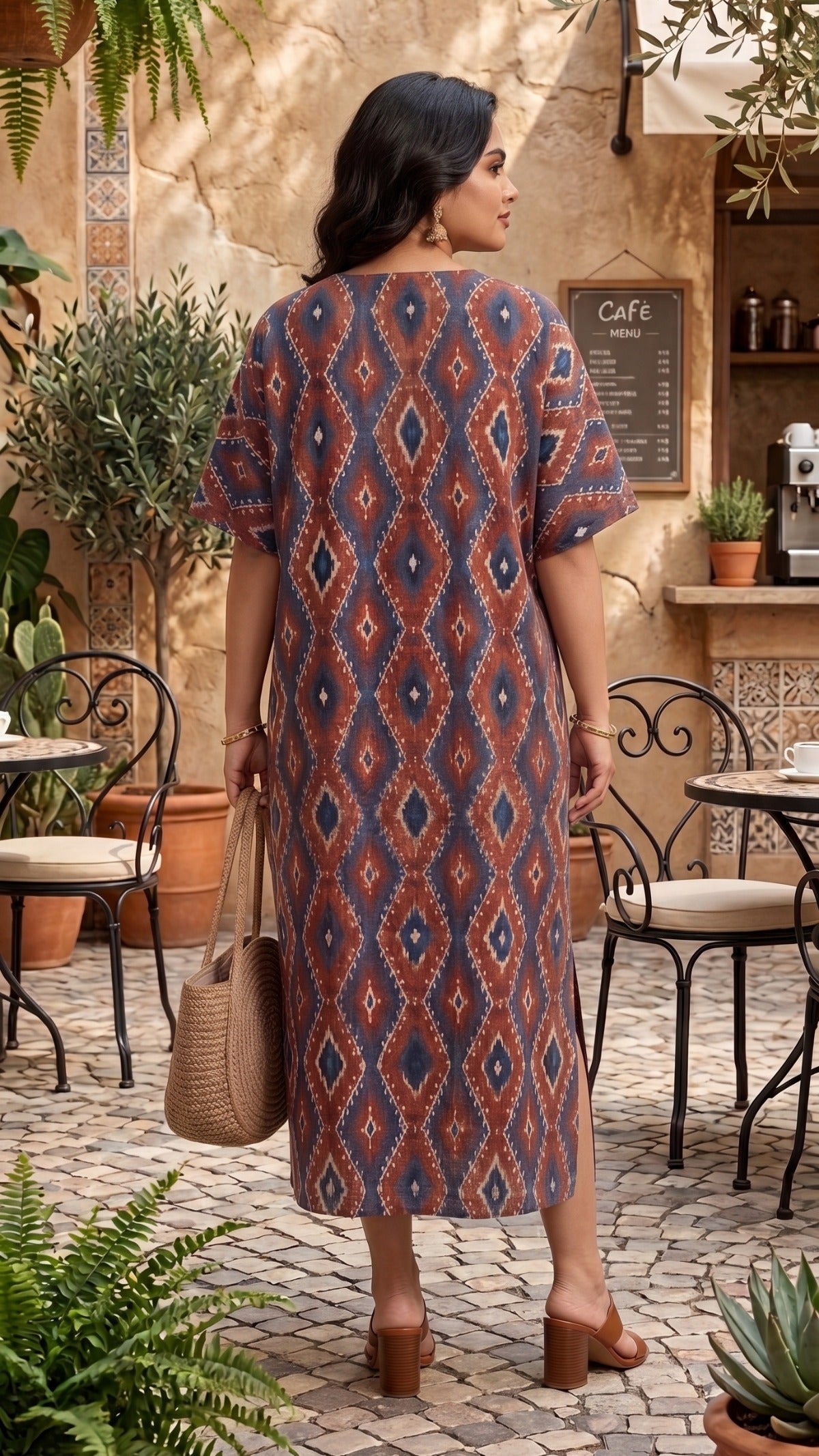 Plus Size Geometric Printed Cotton Maxi Dress for Women | Casual Straight Midi Dress