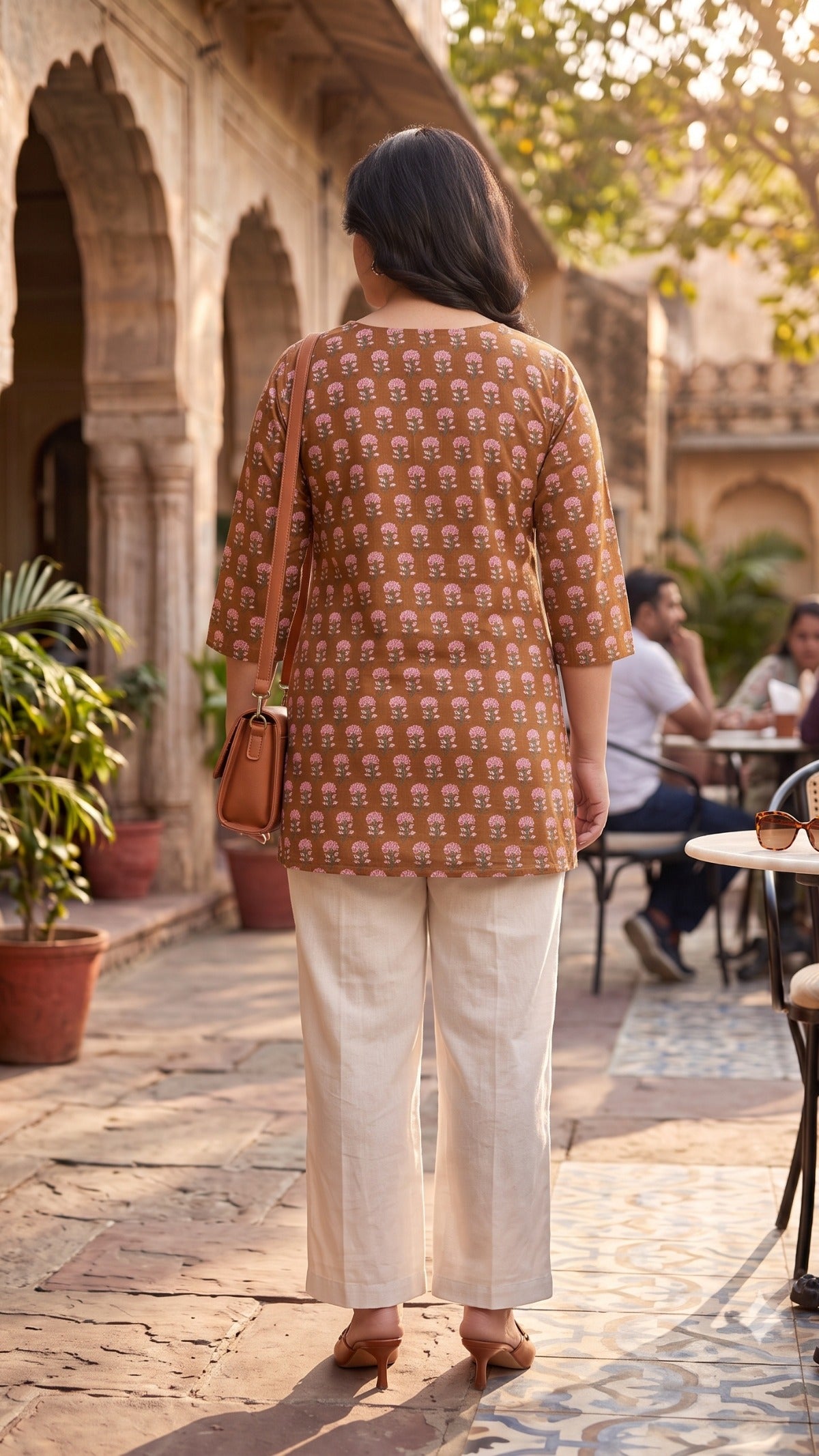 Plus Size Brown Printed Cotton Top for Women | Mandarin Neck Casual Kurti Top