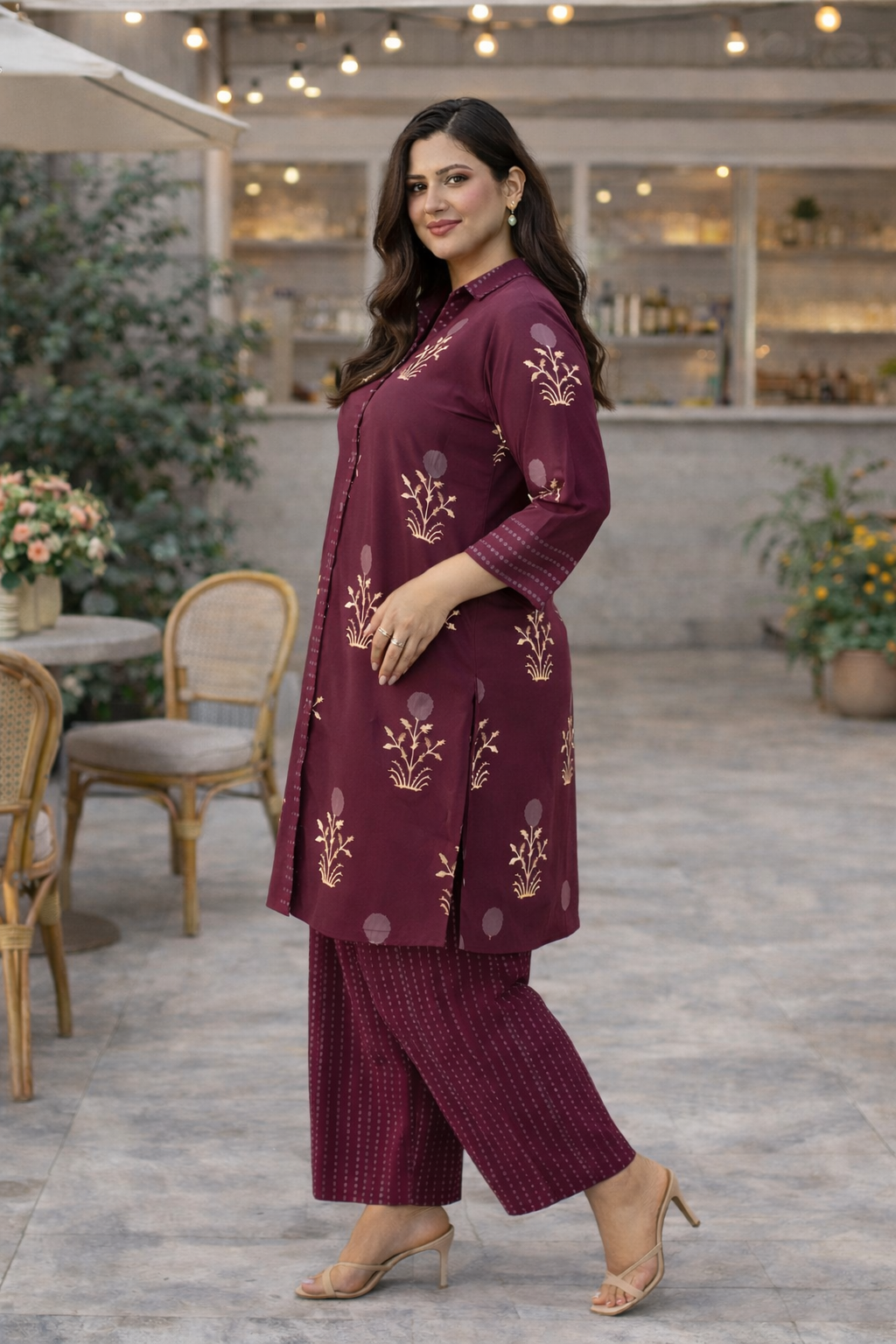 Burgundy Printed Ethnic Cotton Co-ord Set