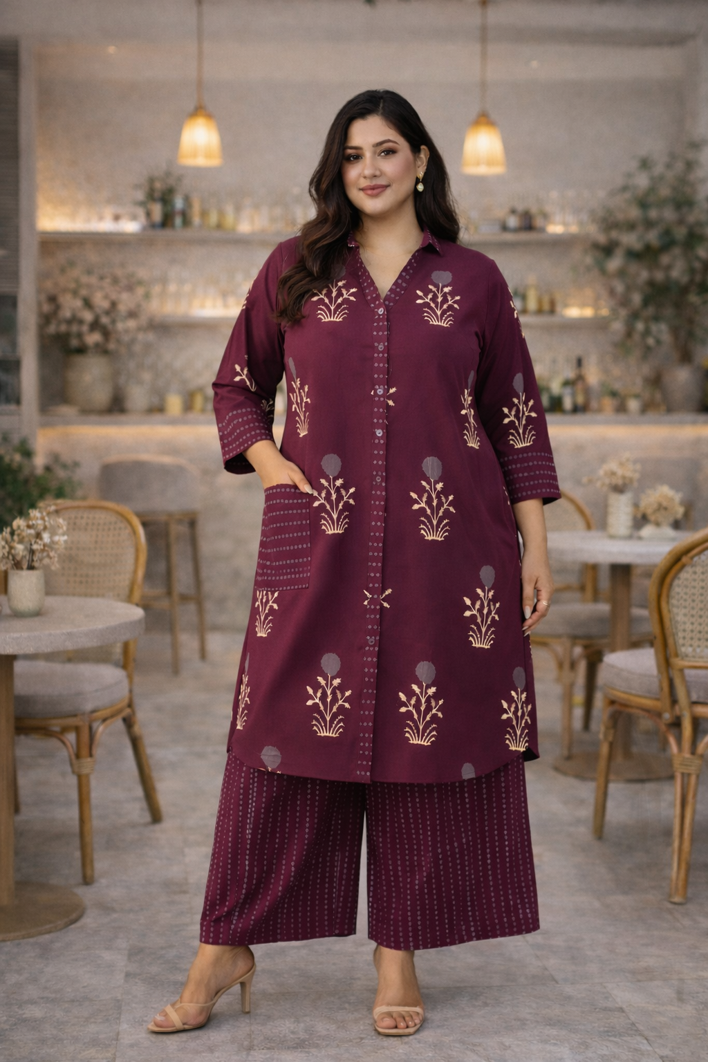 Burgundy Printed Ethnic Cotton Co-ord Set